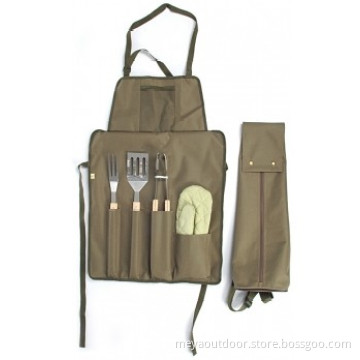 Foldable BBQ apron with three BBQ tools and carrying case